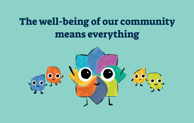 Colorful emoti-beings with the title: the well-being of our community means everything