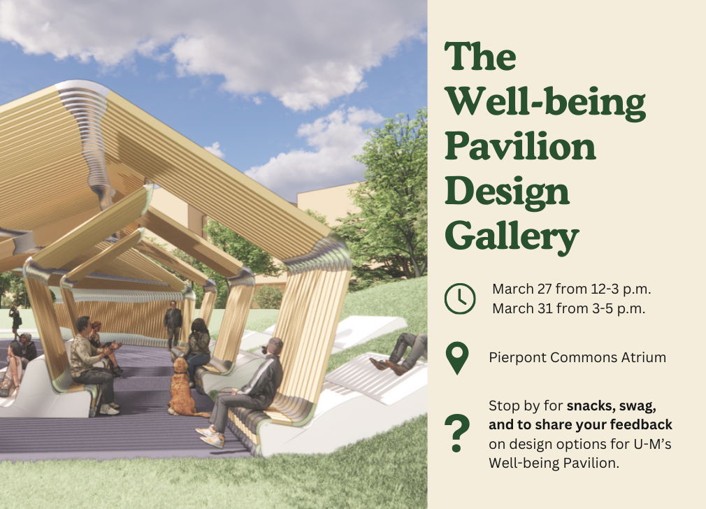 Design rendering of potential well-being pavilion on north campus. Contains event information found on the page linked to.