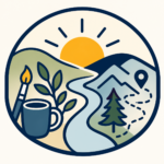 A cheerful illustration of a sunrise over rolling hills, with a winding trail, evergreen tree, and map pin alongside a coffee mug, paintbrush, and leafy plant. The image captures the spirit of exploring, creating, slowing down, and getting outside.