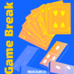 Graphic has blue background with a hand of playing cards and dominoes.